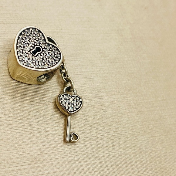 EUC Pandora 791429CZ Sterling Silver Lock of Love Heart Dangle Charm w/ CZ’s - Picture 5 of 9